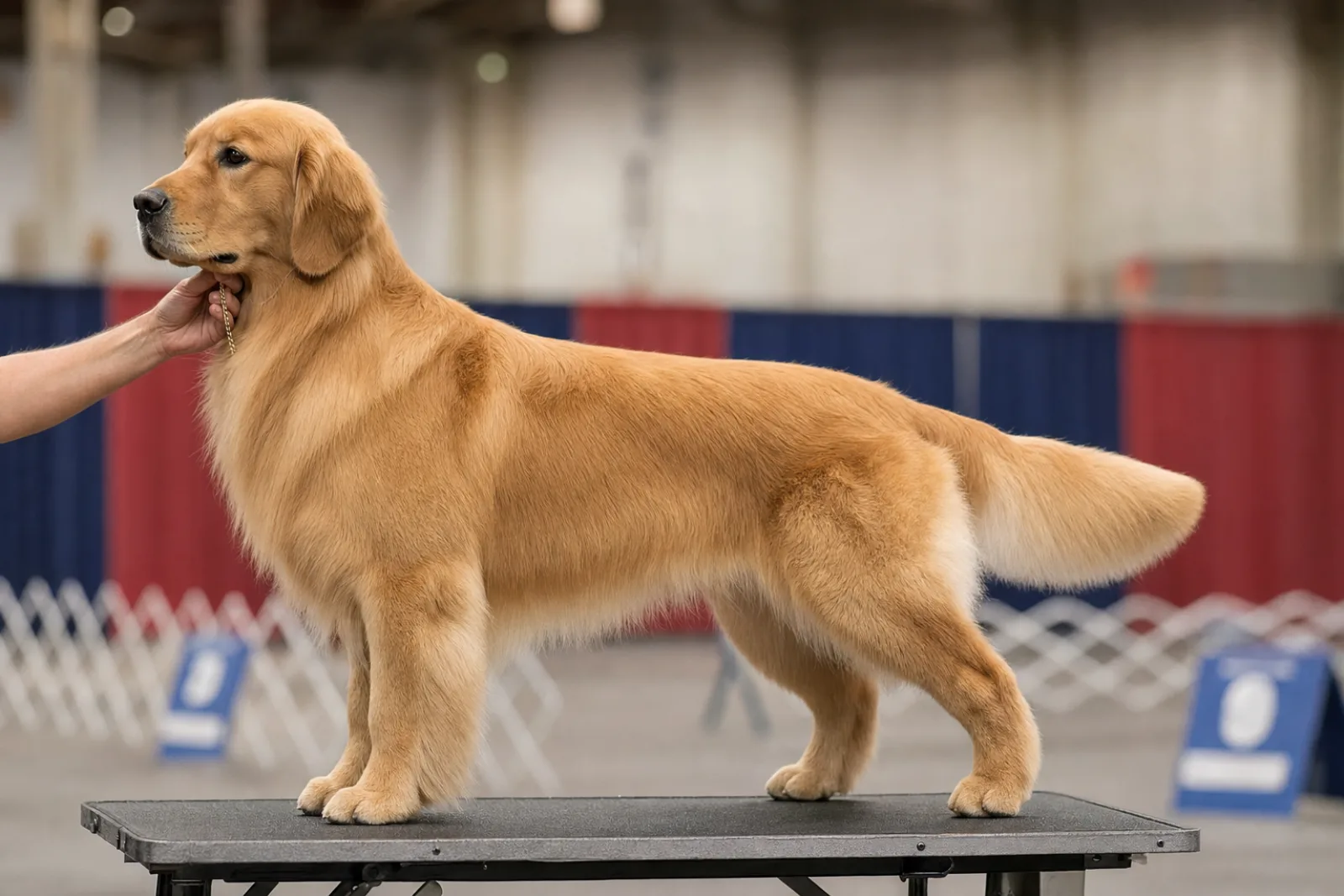 Show dog standing calmly with a handler in a conformation ring