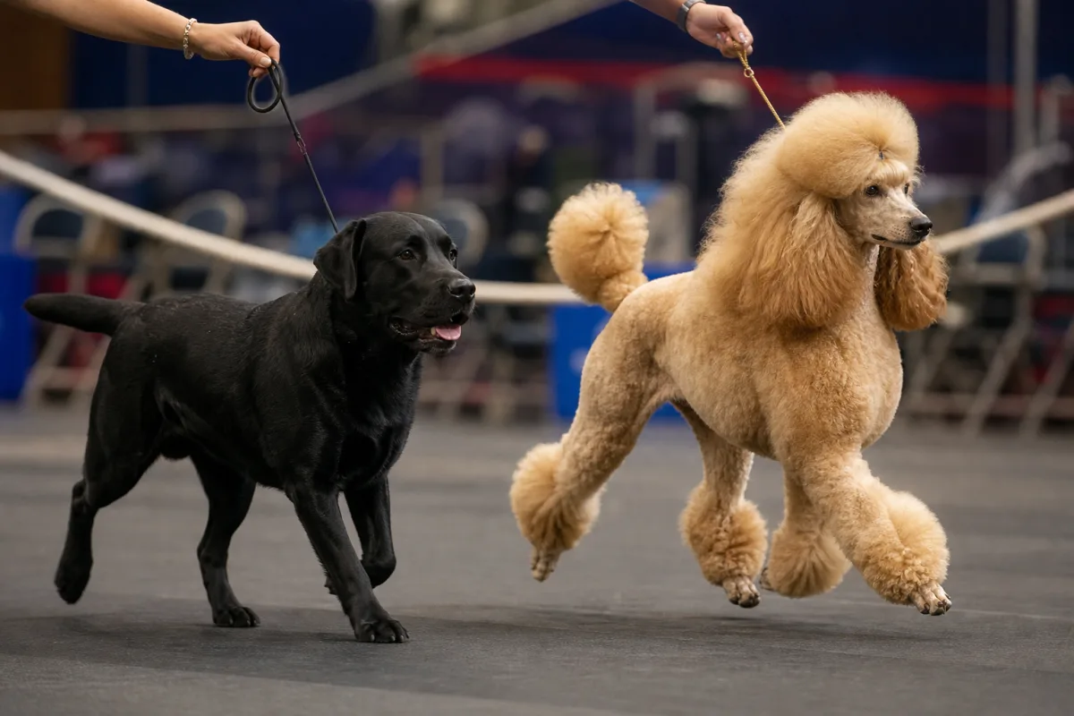Dogs moving together in a conformation ring during a Canadian show